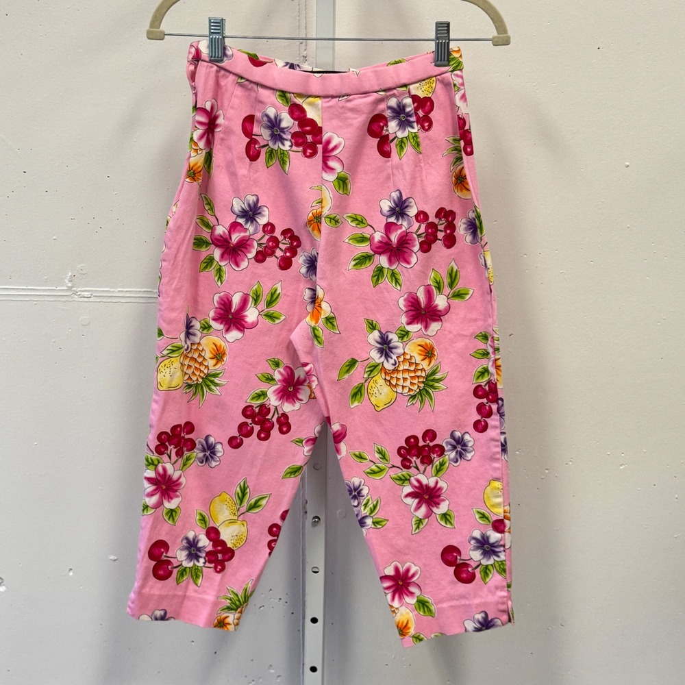 Vintage Briggs Petite Pink Tropical Fruit Floral Print Cropped Tapered Pants 8P